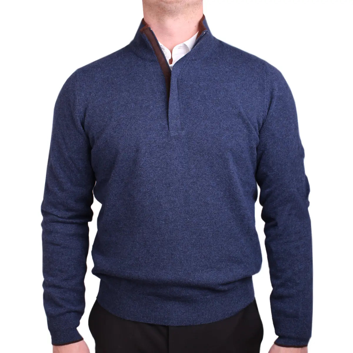 Denim Blue Wool & Cashmere Blend Zip-Neck Sweater  Robert Old   