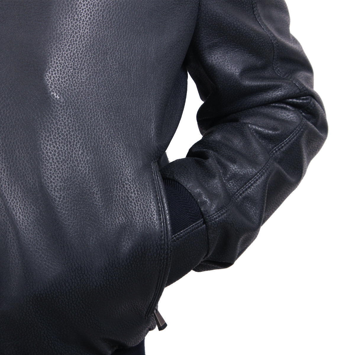 Midnight Blue Textured Leather Bomber Jacket  Robert Old   