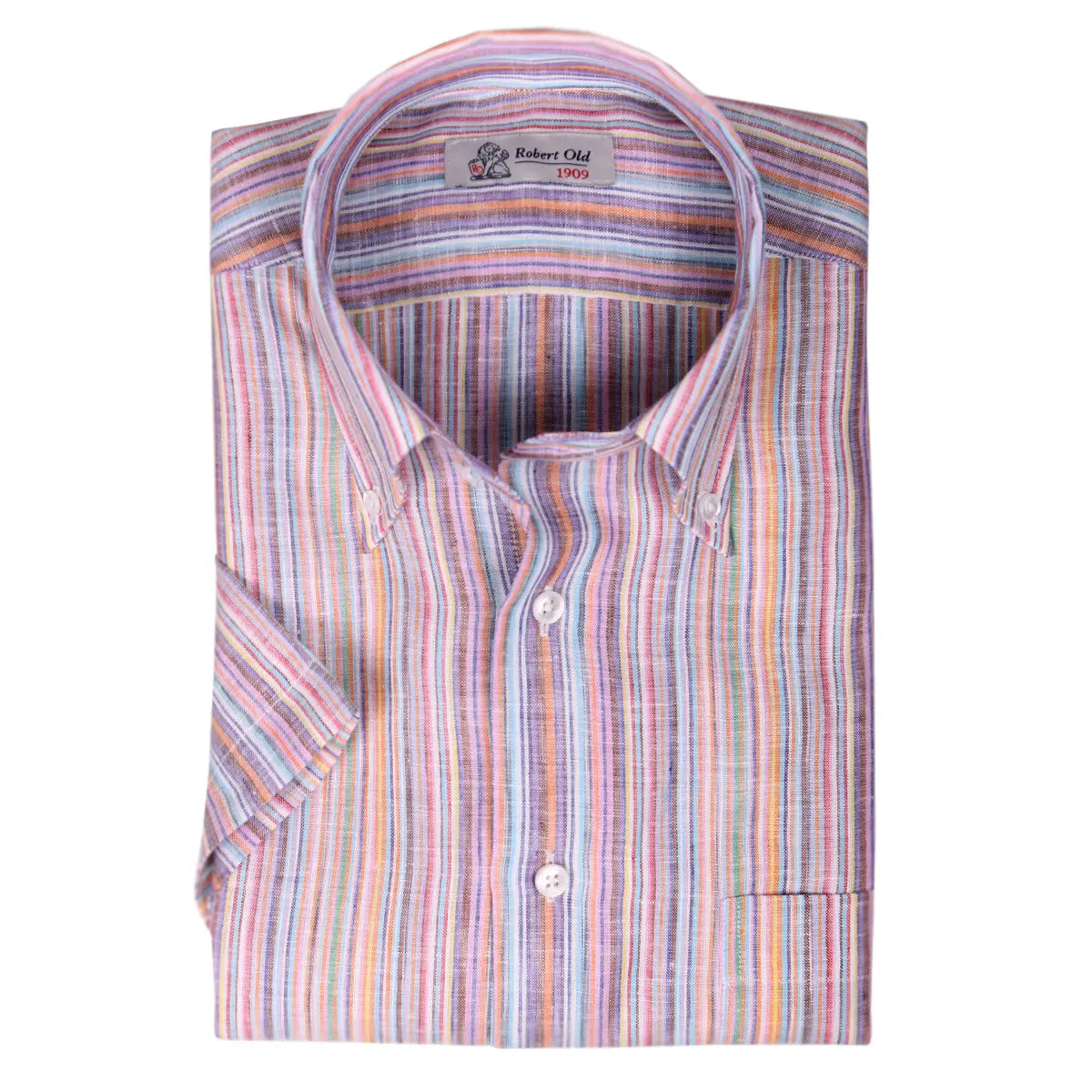 Multicolour Print Stripe Linen Short Sleeve Shirt  Robert Old   
