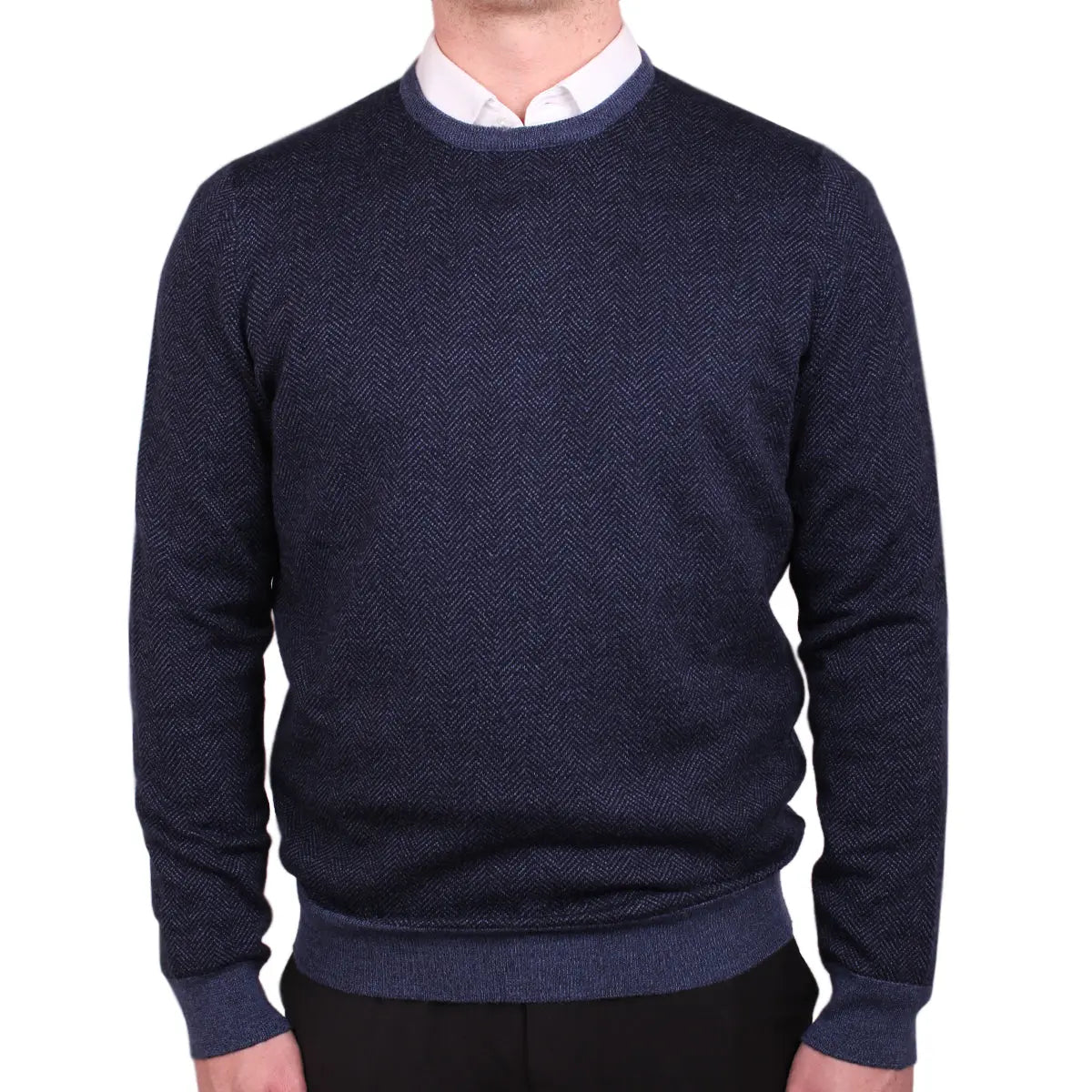 Navy Herringbone Crewneck Wool Sweater  Robert Old   