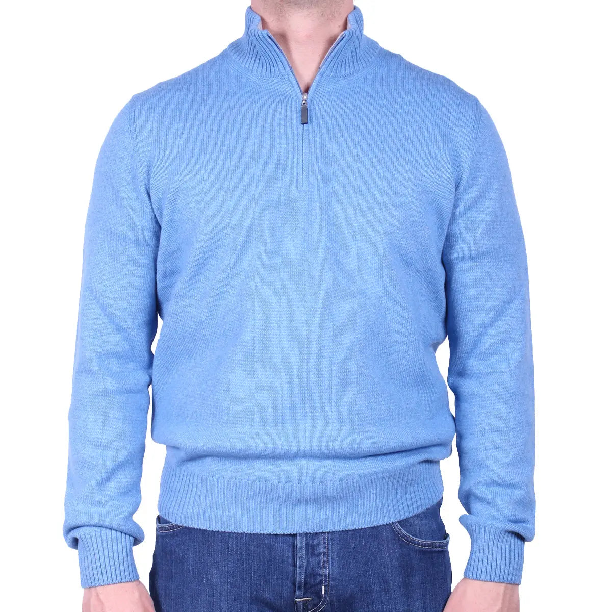Sky-Blue Virgin Wool & Cashmere Blend Zip Neck Sweater  Robert Old   