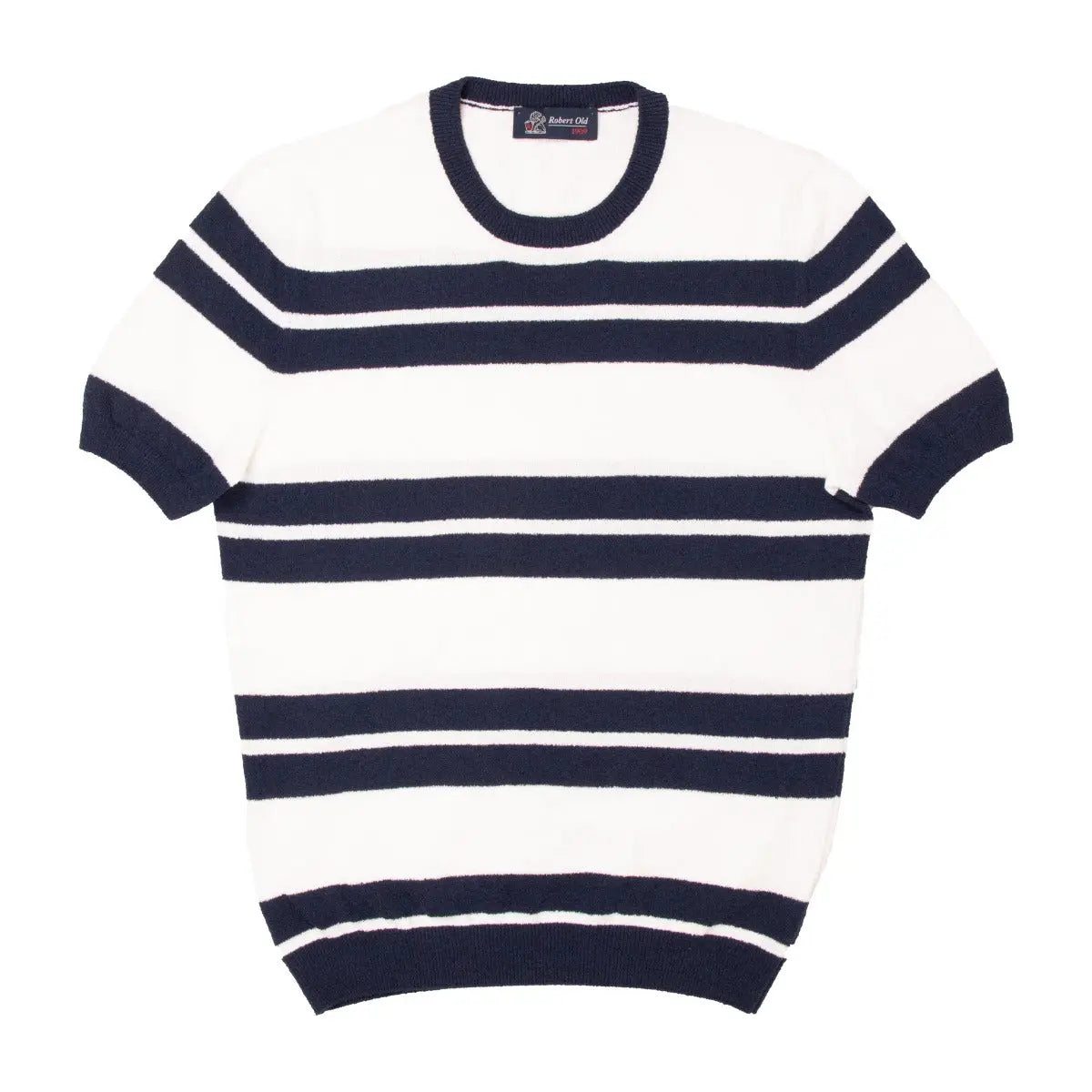 White & Navy Striped Towelling T-Shirt  Robert Old   