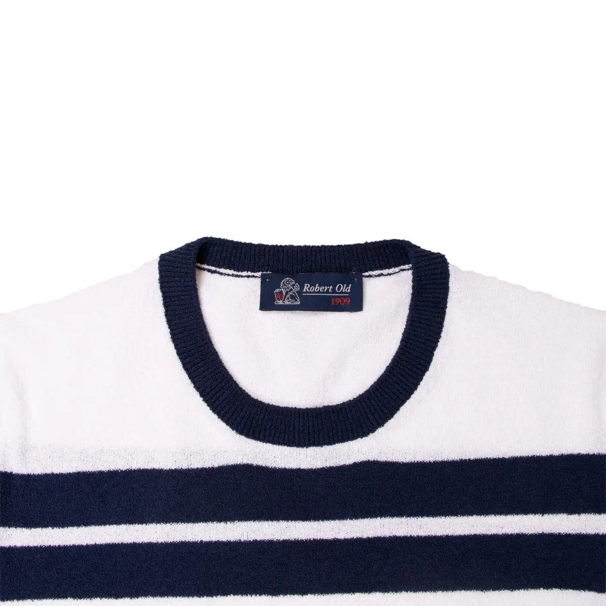 White & Navy Striped Towelling T-Shirt  Robert Old   