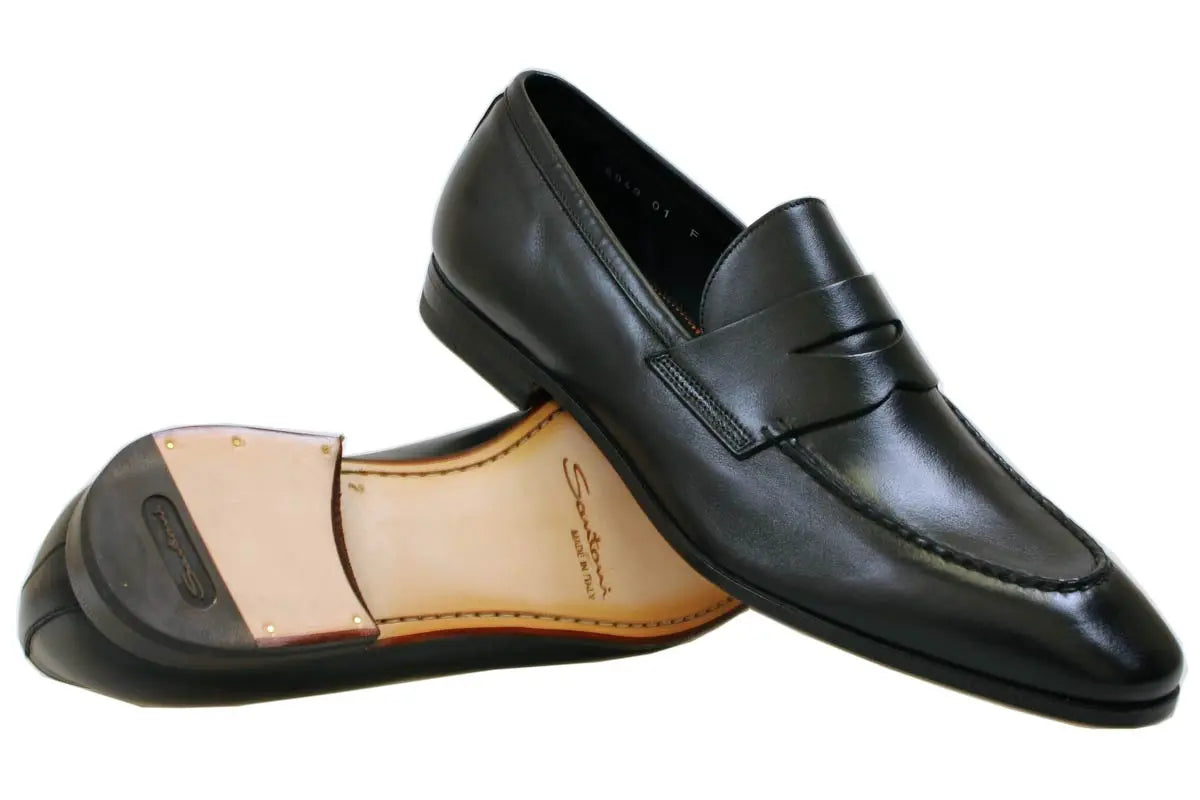 Black Leather Slip-On Loafers  Santoni   