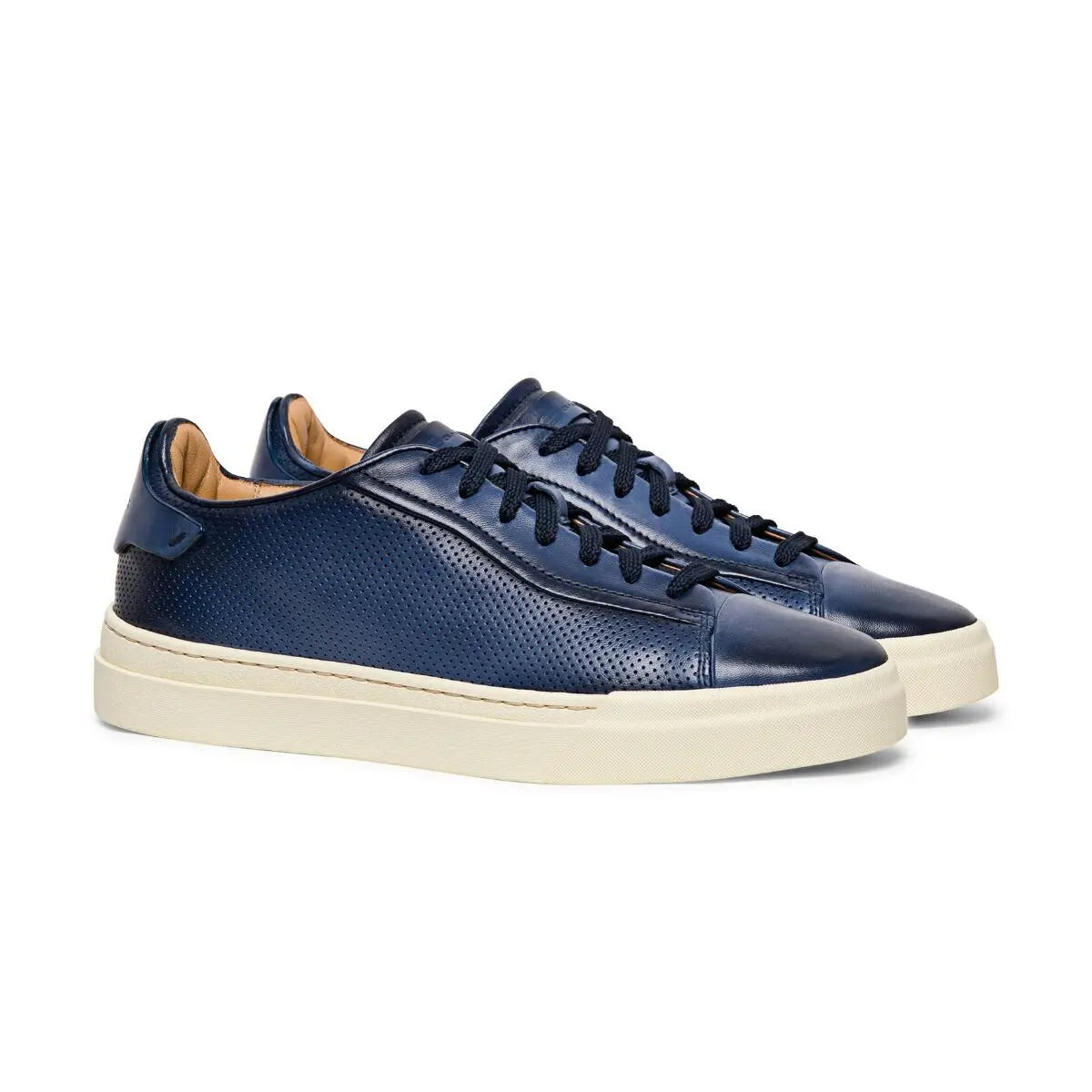 Blue Distressed Perforated Effect Leather Sneaker  Santoni   