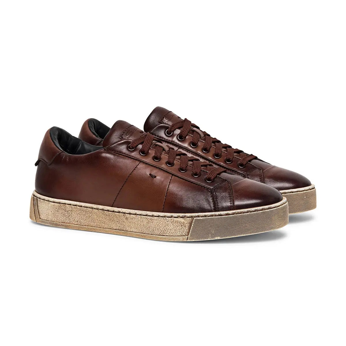 Brown Aged Leather Low-Top Sneakers  Santoni   