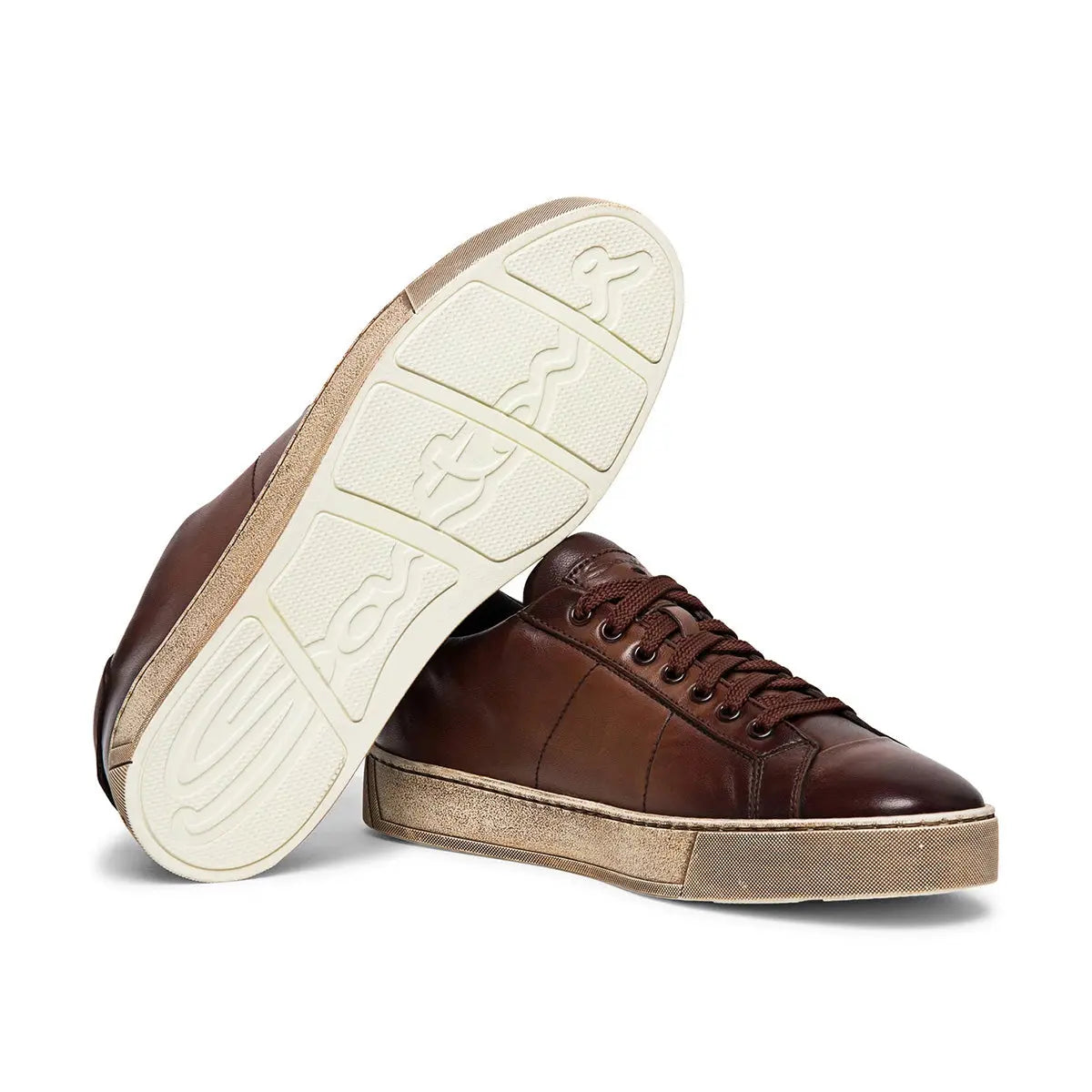 Brown Aged Leather Low-Top Sneakers  Santoni   