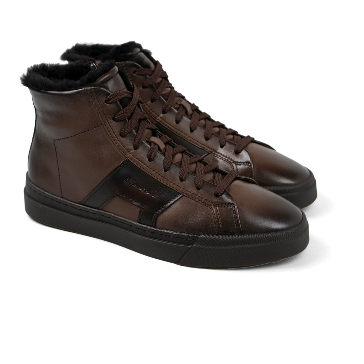 Brown Fur-Lined Leather Double Buckle High Top Sneaker Sneaker Santoni   