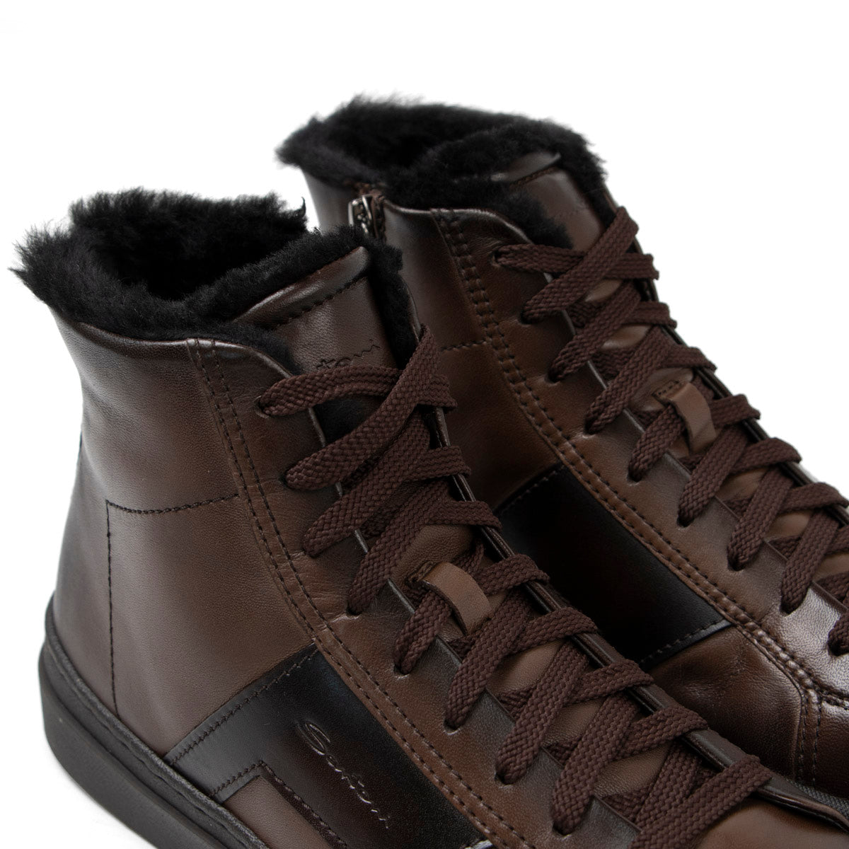 Brown Fur-Lined Leather Double Buckle High Top Sneaker Sneaker Santoni   