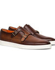 Brown Tumbled Leather Double-Buckle Shoe  Santoni   