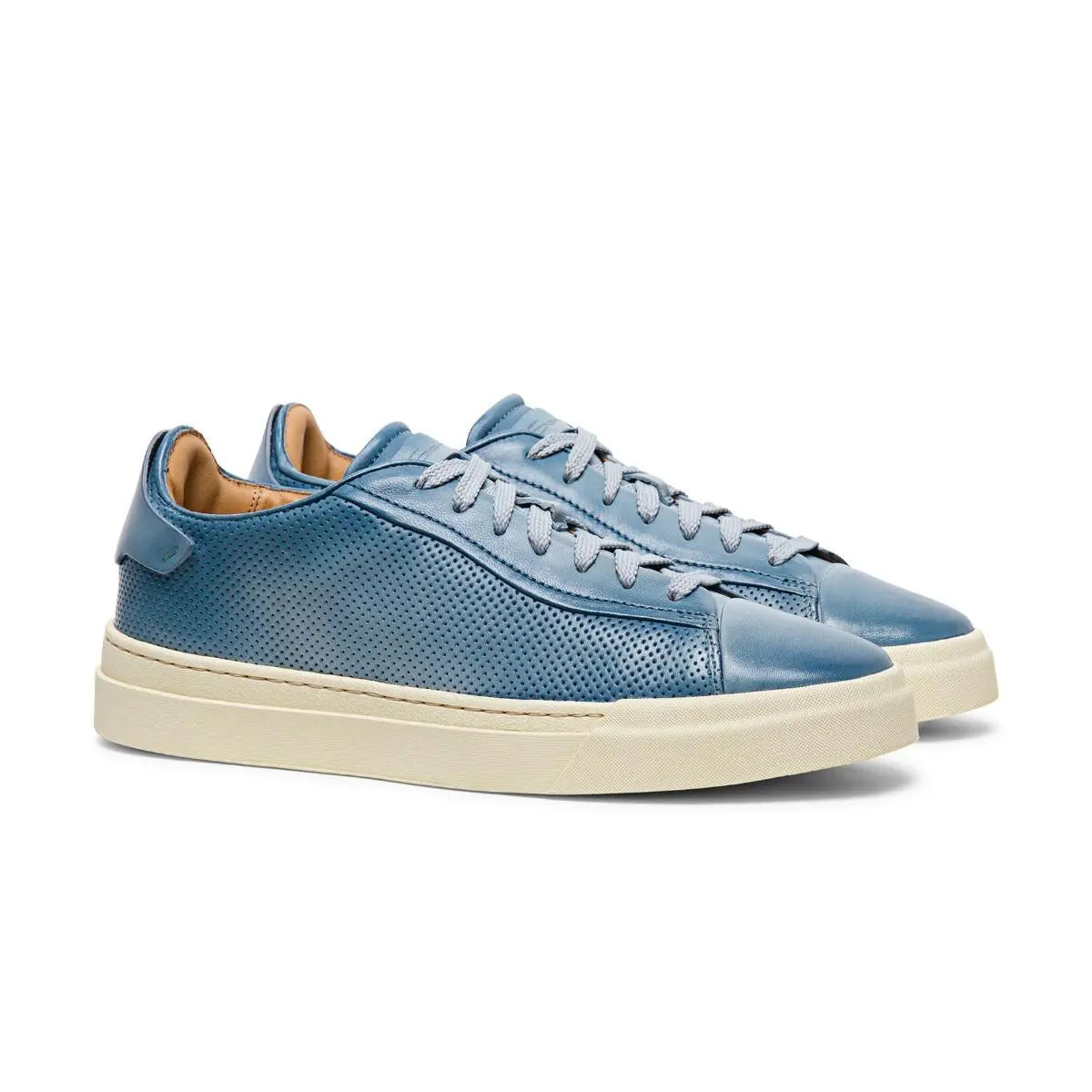 Light Blue Distressed Perforated Effect Leather Sneaker  Santoni   