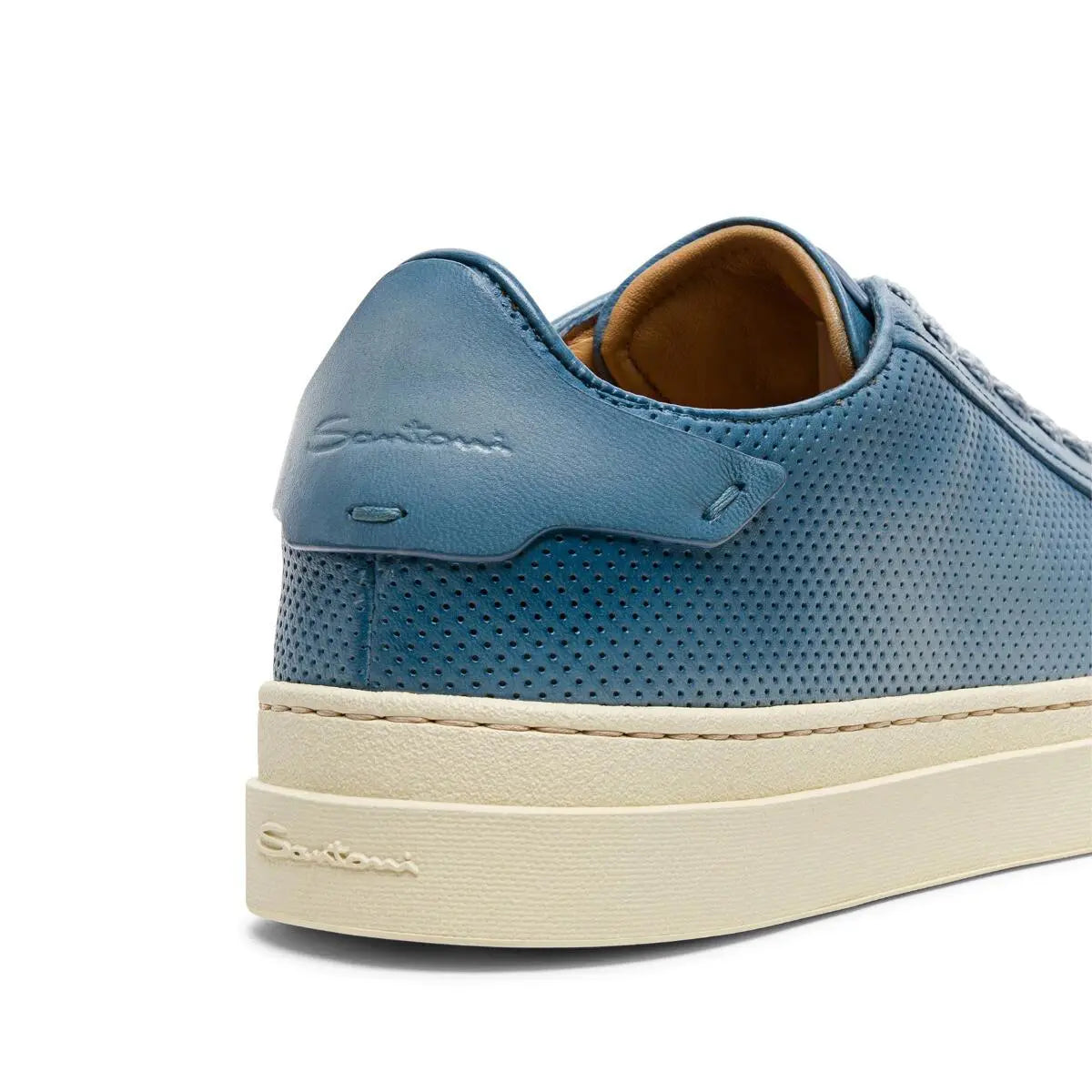 Light Blue Distressed Perforated Effect Leather Sneaker  Santoni   