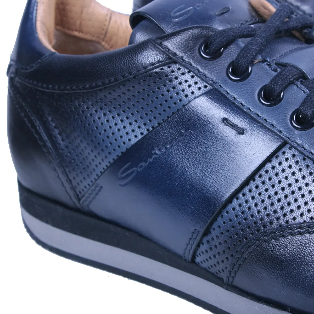 Navy-Blue Lace-Up Leather Sneaker  Santoni   