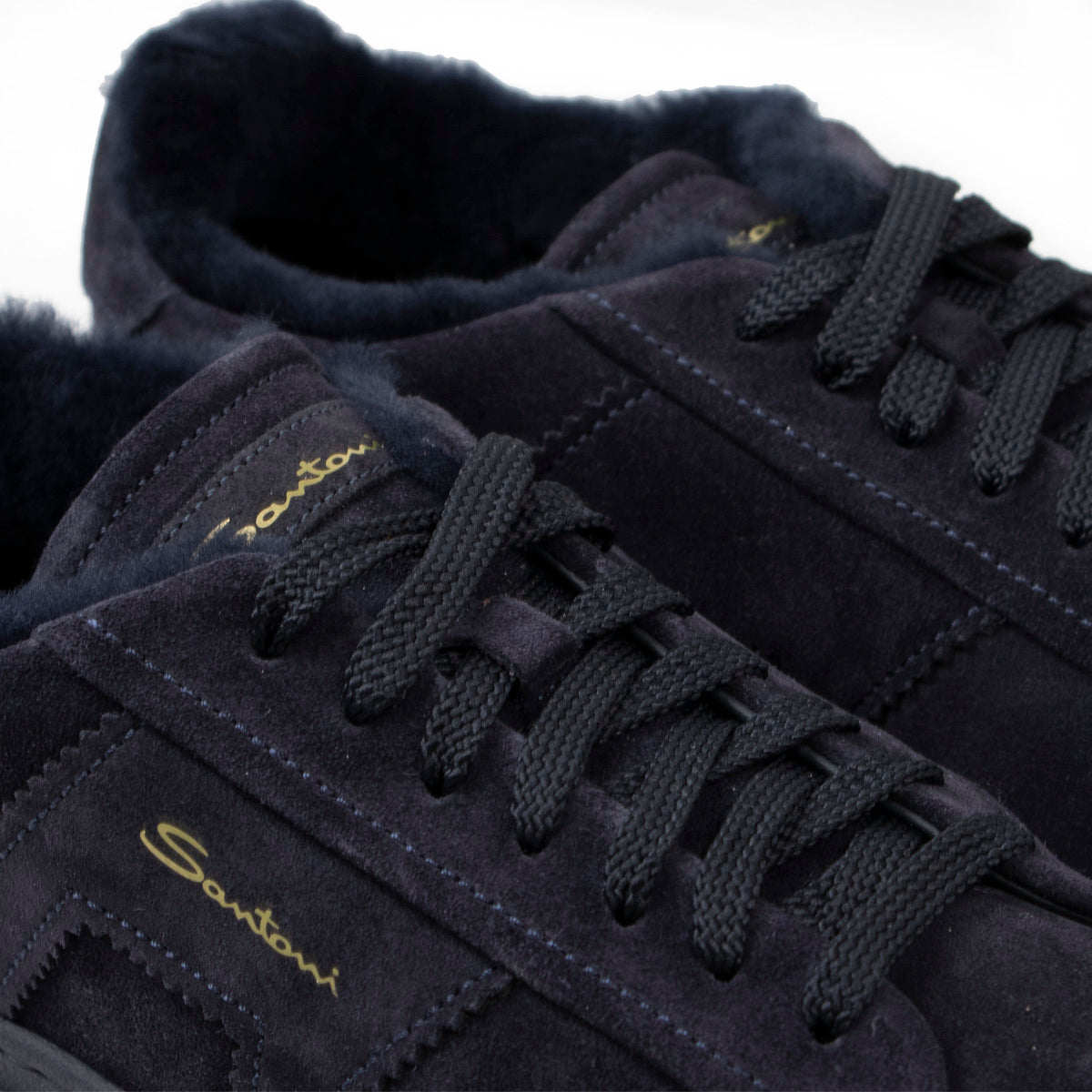 Navy Fur-Lined Suede Double Buckle Sneaker Sneaker Santoni   