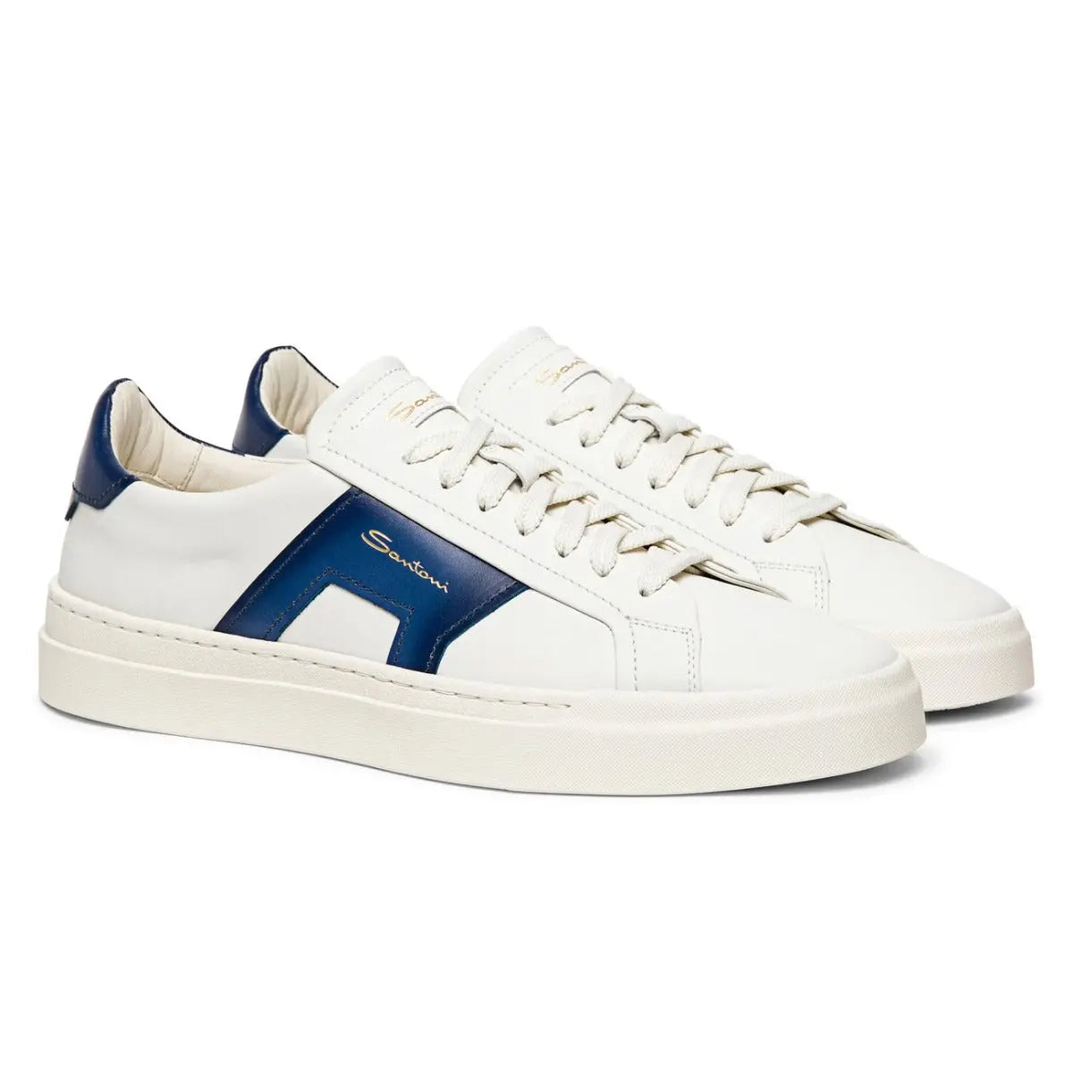 White and Blue Leather Double Buckle Sneaker  Santoni   