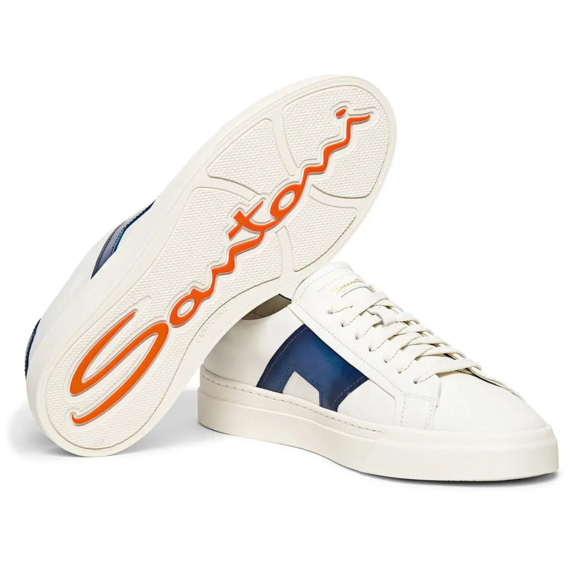 White and Blue Leather Double Buckle Sneaker  Santoni   