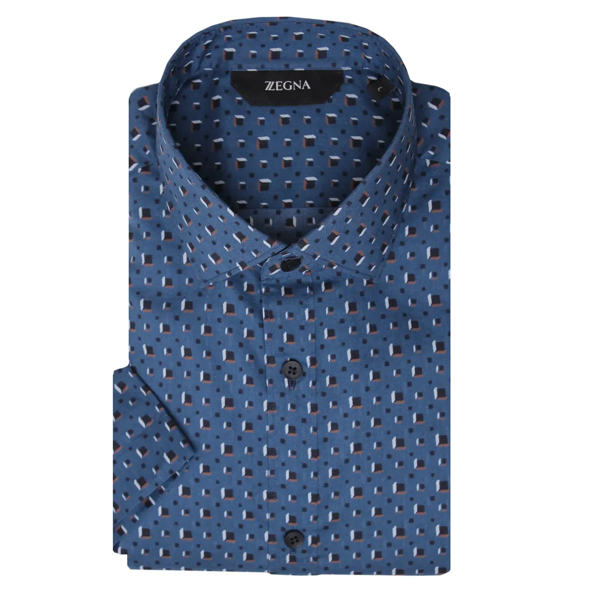 Blue Geometric Pattern Short Sleeve Slim Fit Shirt  Z Zegna   